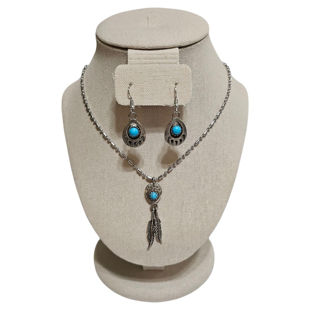 Navajo Indian Sterling Silver & Turquoise Bear Paw Dangle Earrings & Pendant - Picture 1 of 11